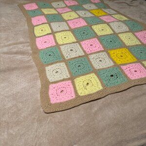 Vintage Blue Crochet Afghan Handmade Boho Chic Granny Squares 61” x 46”